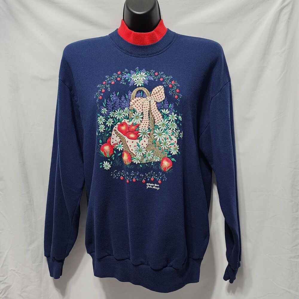 Vintage Womens Apple Print Navy Red Pullover  L Grandma Core 90s USA Sweatshirt